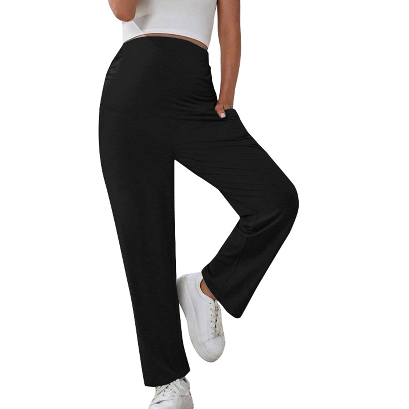 thumbnail image 2 of Pantalones rectos premamá para mujer: ajuste elástico y cómodo, color liso, lavables a máquina, aptos para el día a día/el trabajo, tallas S-XXL, 2 of 8